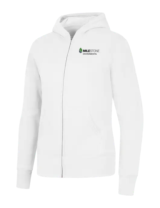 White Womens Core Fleece Full-Zip Hooded Sweatshirt w/Milestone Environmental Logo