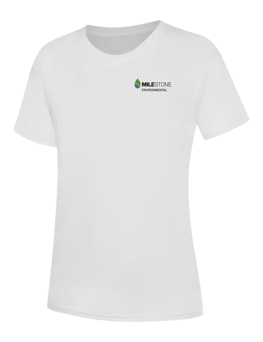 Womens White Core Blend Tee w/Milestone Environmental Logo