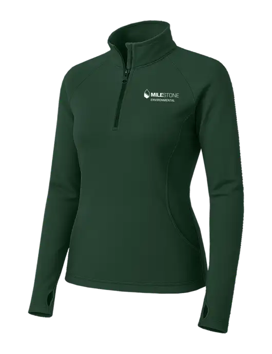 Dark Green Womens Sport Wick Stretch 1/4 Zip Pullover w/Milestone Environmental Logo