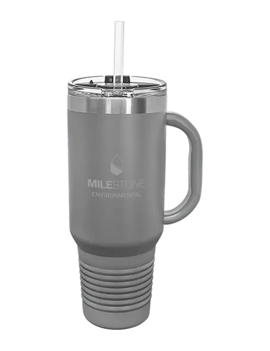 Polar Camel 40 oz. Powder Coated Vacuum Insulated Grey Travel Mug with Straw w/Milestone Environmental Logo