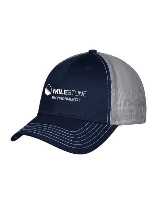 Navy & Grey Mesh Trucker Cap Snap Back w/Milestone Environmental Logo
