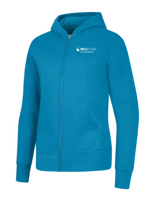 Neon Blue Womens Core Fleece Full-Zip Hooded Sweatshirt w/Milestone Environmental Logo