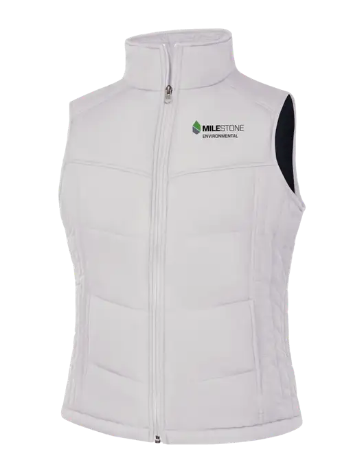 Womens White/Dark Slate Puffy Vest w/Milestone Environmental Logo