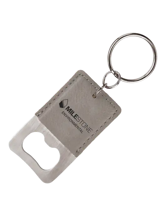 Grey Leatherette Rectangle Bottle Opener Keychain w/Milestone Environmental Logo