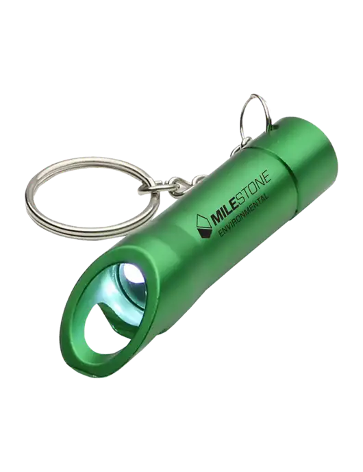Medium Green Pocket LED Flashlight with Bottle Opener & Keychain w/Milestone Environmental Logo