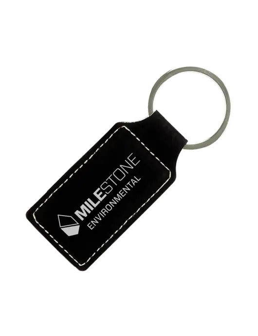 Black Laserable Leatherette Rectangle Keychain w/Milestone Environmental Logo