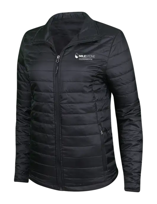 Womens Black Puffy Packable Jacket w/Milestone Environmental Logo