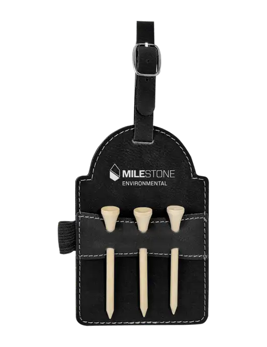 Black Leatherette Golf Bag Tag with 3 Wooden Tees w/Milestone Environmental Logo