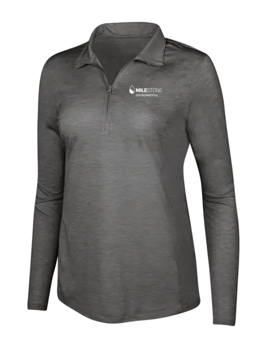 Dark Grey Heather Womens Posicharge Tri-Blend Wicking 1/4 Zip Pullover w/Milestone Environmental Logo