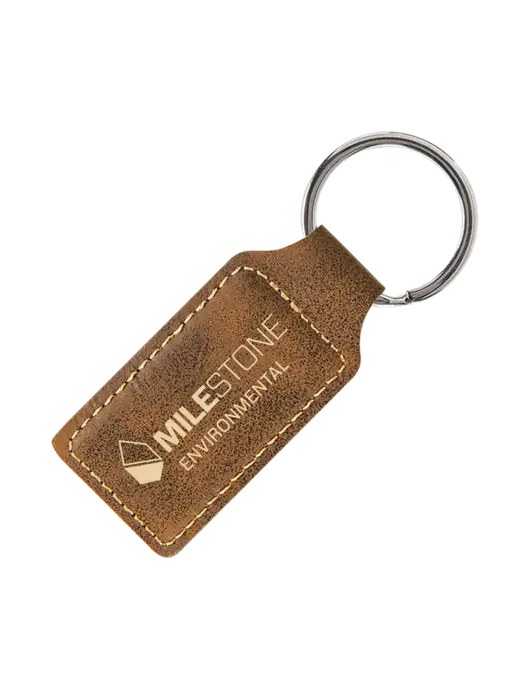 Rustic Laserable Leatherette Rectangle Keychain w/Milestone Environmental Logo