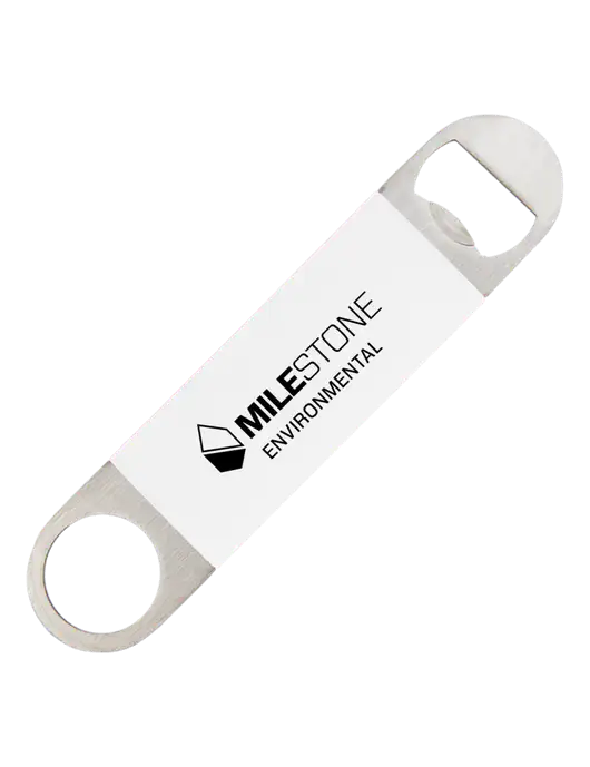 White Bottle Opener with Silicone Grip w/Milestone Environmental Logo