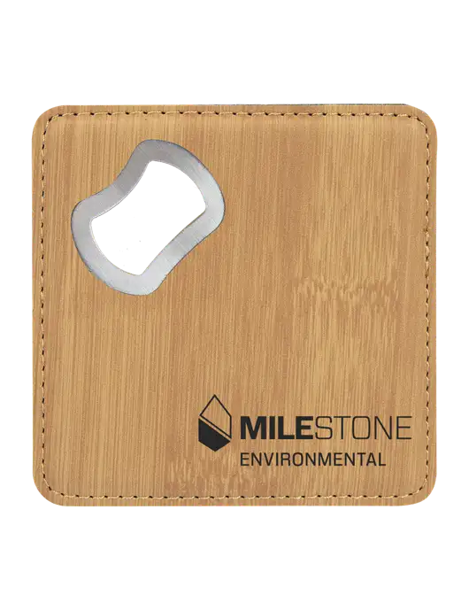 Bamboo Leatherette Coaster with Bottle Opener w/Milestone Environmental Logo