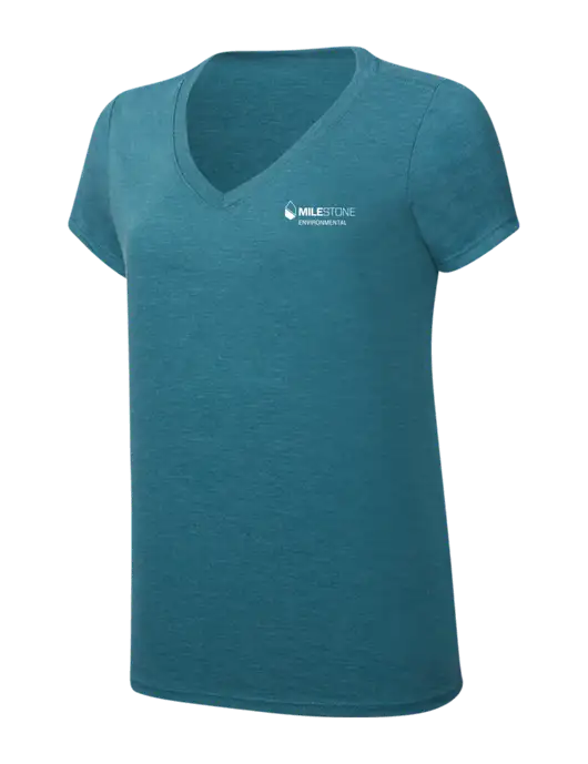 Womens Simply Soft V-Neck Heather Teal 4.5oz  Poly/Combed Ring Spun Cotton T-Shirt w/Milestone Environmental Logo