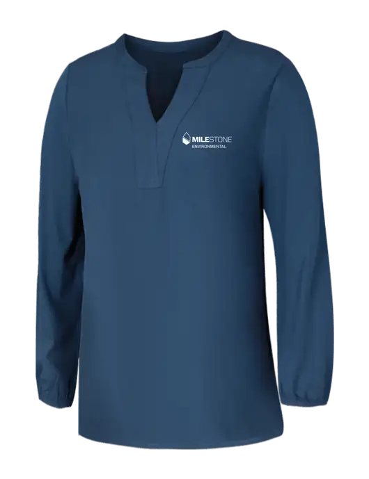 Mercer+Mettle Womens Light Navy Blue Grey Stretch Crepe 3/4 Sleeve Blouse w/Milestone Environmental Logo