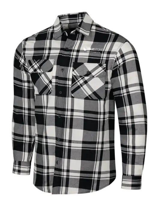 White/Black Plaid Flannel Shirt w/Milestone Environmental Logo
