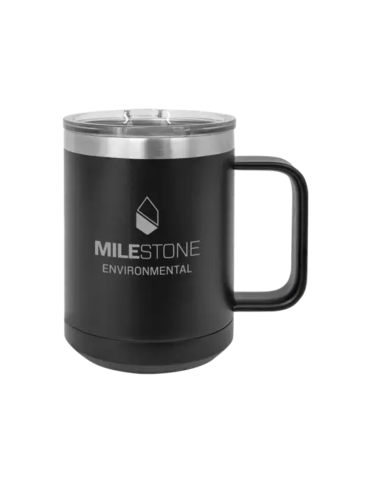 Polar Camel 15 oz Powder Coated Black Vacuum Insulated Mug with Slider Lid w/Milestone Environmental Logo