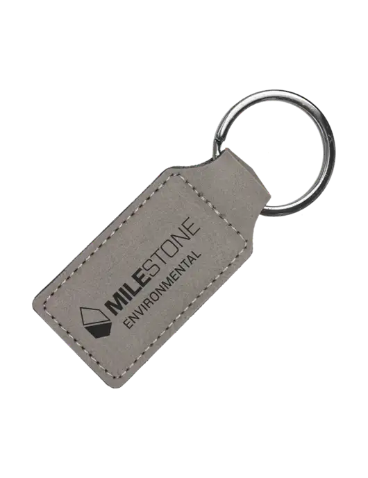 Grey Laserable Leatherette Rectangle Keychain w/Milestone Environmental Logo