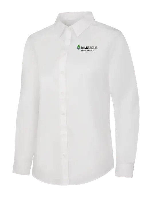 Womens White Long Sleeve Carefree Poplin Shirt w/Milestone Environmental Logo