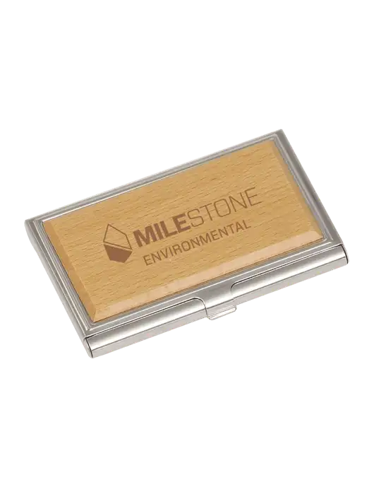 Wood & Silver Business Card Case w/Milestone Environmental Logo