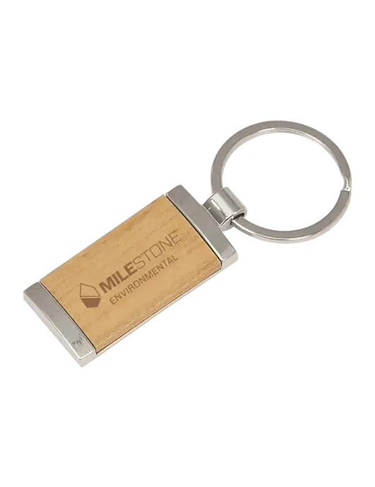Wood & Silver Rectangle Keychain w/Milestone Environmental Logo