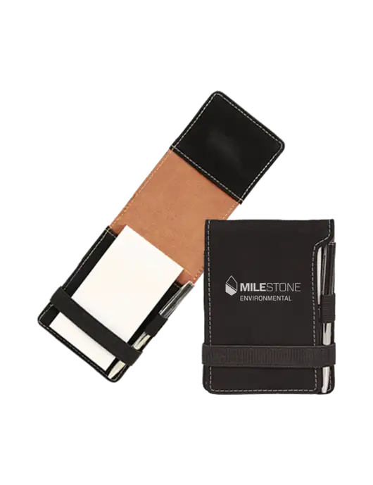 Black Leatherette Mini Notepad with Pen,  3.25 x 4.75 w/Milestone Environmental Logo