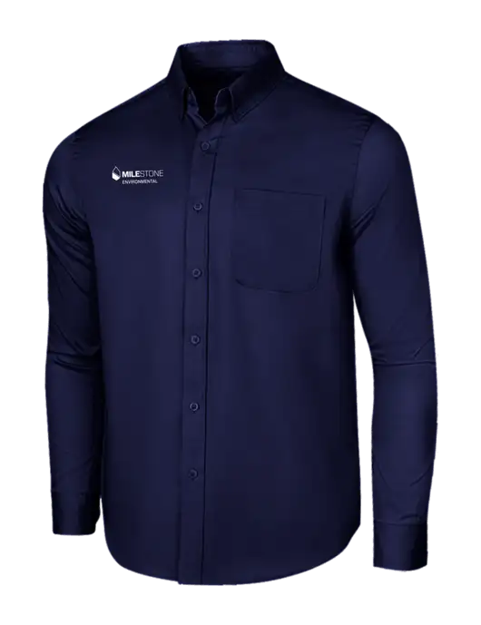 Long Sleeve Navy Superpro React Twill Shirt w/Milestone Environmental Logo
