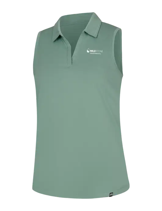 TravisMathew Womens Light Green Heather Coto Performance Sleeveless Polo w/Milestone Environmental Logo