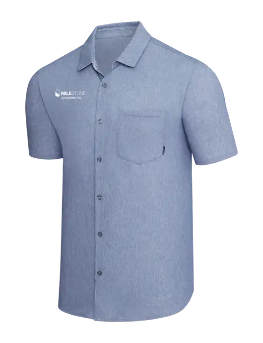 OGIO Slate Blue Heather Extend Short Sleeve Button Up Shirt w/Milestone Environmental Logo