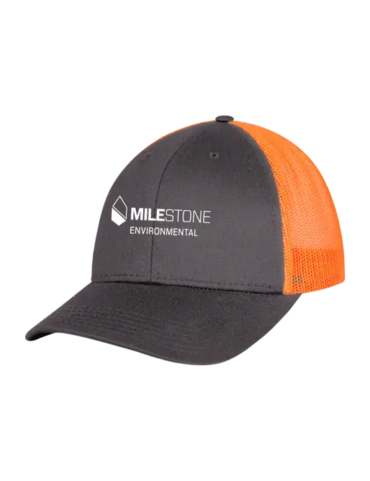 Neon Orange/Charcoal Mesh Trucker Cap Snap Back w/Milestone Environmental Logo