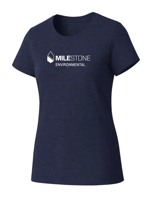 Womens Seriously Soft Heathered Navy T-Shirt w/Milestone Environmental Logo