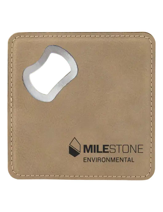 Tan Leatherette Bottle Opener Coaster w/Milestone Environmental Logo