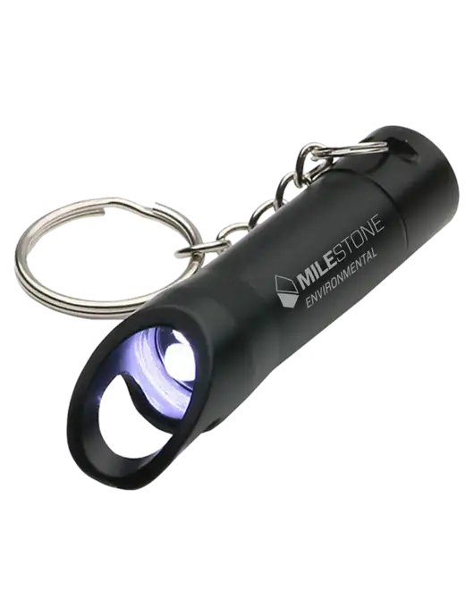 Black Pocket LED Flashlight with Bottle Opener & Keychain w/Milestone Environmental Logo