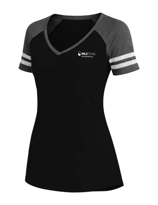 Womens Black/Charcoal Heather V-Neck Game Tee w/Milestone Environmental Logo