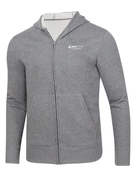 Full-Zip Medium Grey Heather Heavyweight Hooded Sweatshirt w/Milestone Environmental Logo