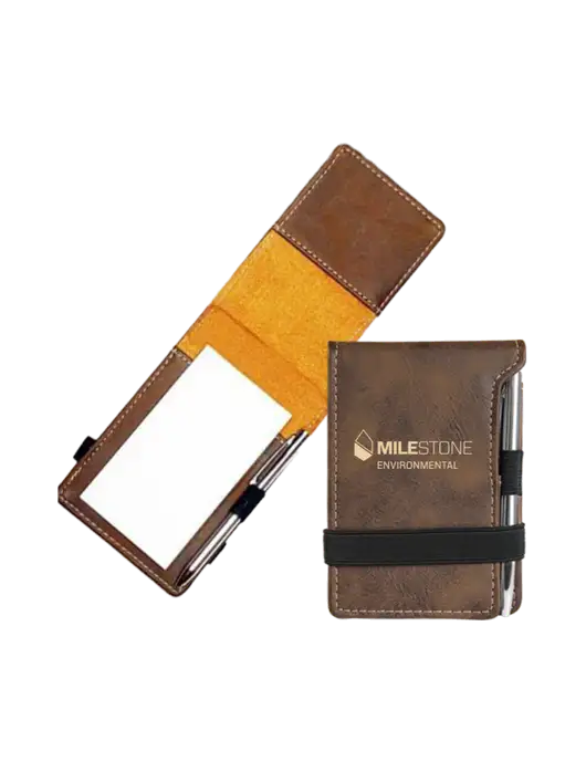 Rustic Leatherette Mini Notepad w/Pen, 3.25 x 4.75 w/Milestone Environmental Logo