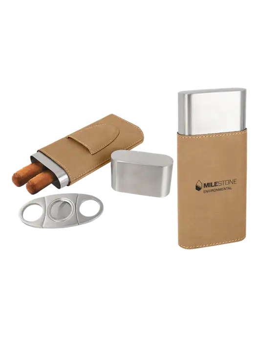 Tan Leatherette Cigar Case with Cutter w/Milestone Environmental Logo