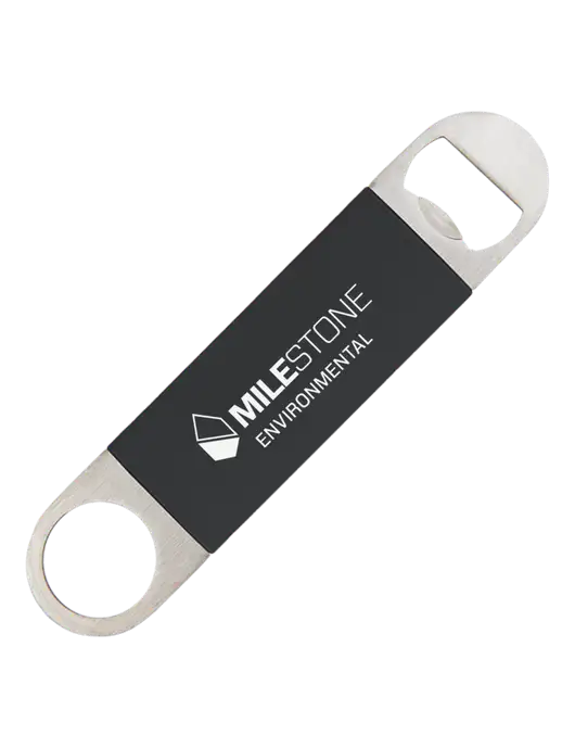 Black Bottle Opener with Silicone Grip w/Milestone Environmental Logo