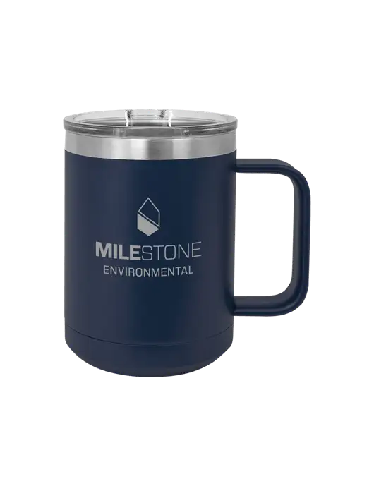 Polar Camel 15 oz Powder Coated Navy Vacuum Insulated Mug with Slider Lid w/Milestone Environmental Logo