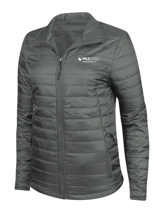 Dark Grey Womens Puffy Packable Jacket w/Milestone Environmental Logo