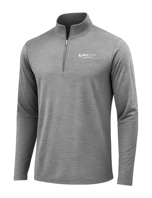 Dark Grey Heather Posicharge Tri-Blend Wicking 1/4 Zip Pullover w/Milestone Environmental Logo