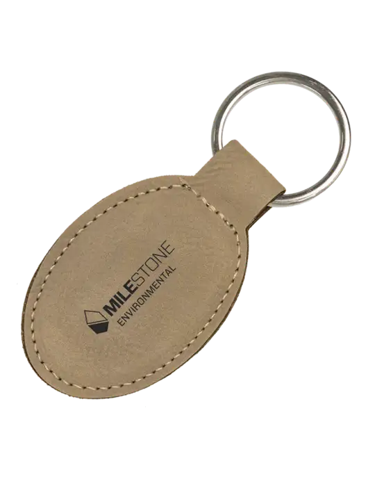 Tan Leatherette Oval Keychain w/Milestone Environmental Logo