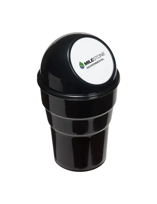 Black Car Cup Holder Trash Can w/Milestone Environmental Logo