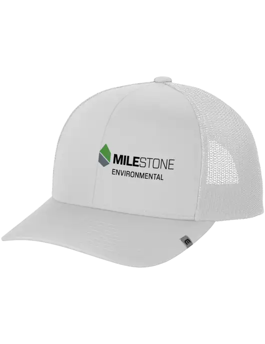 TravisMathew White Cruz Trucker Cap w/Milestone Environmental Logo