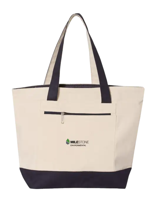 Natural/Navy Zippered Tote  w/Milestone Environmental Logo