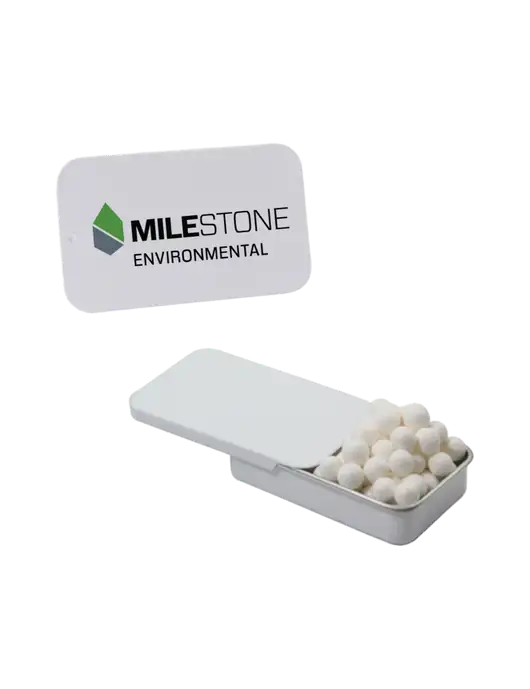 Signature Peppermints In White Slider Tin w/Milestone Environmental Logo