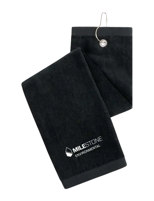 Black Tri-Fold Golf Towel with Grommet w/Milestone Environmental Logo