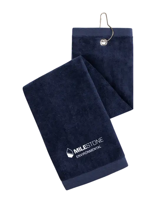 Navy Tri-Fold Golf Towel with Grommet w/Milestone Environmental Logo