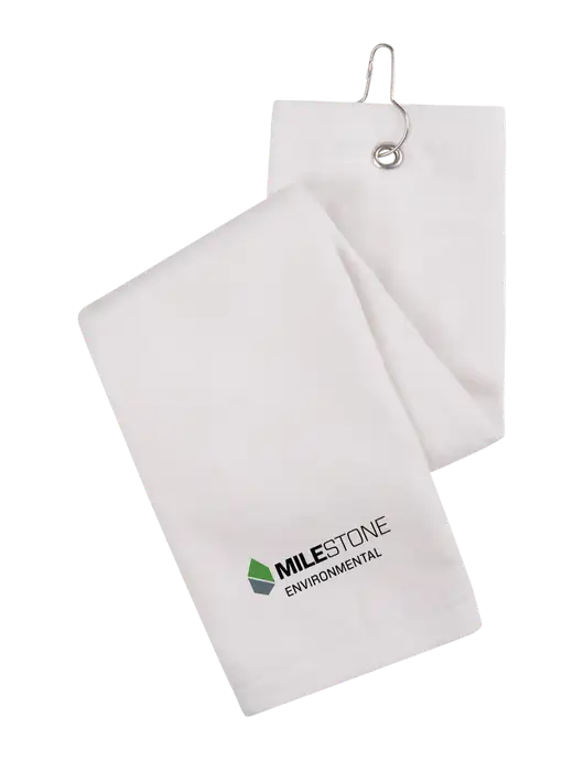 White Tri-Fold Golf Towel with Grommet w/Milestone Environmental Logo