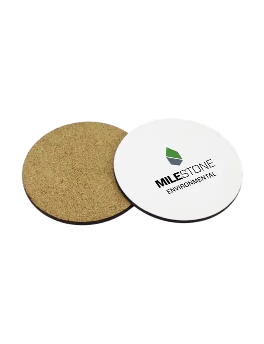 Gloss White Hardboard Round Coaster w/Cork Back, 3.75 w/Milestone Environmental Logo
